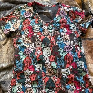 Colorful Dog Print V-Neck Scrub Top